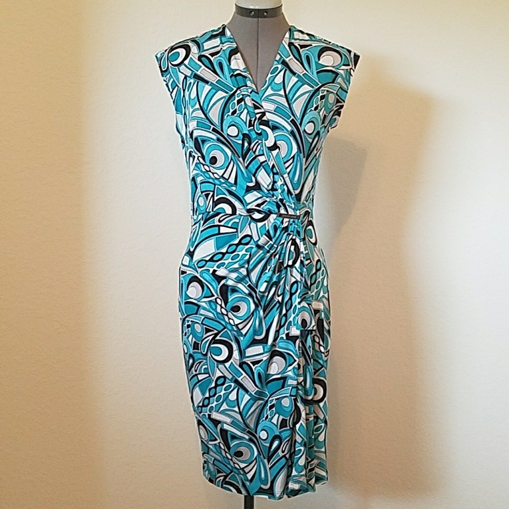 Michael Kors Teal Black Mock Wrap Dress Size Small
